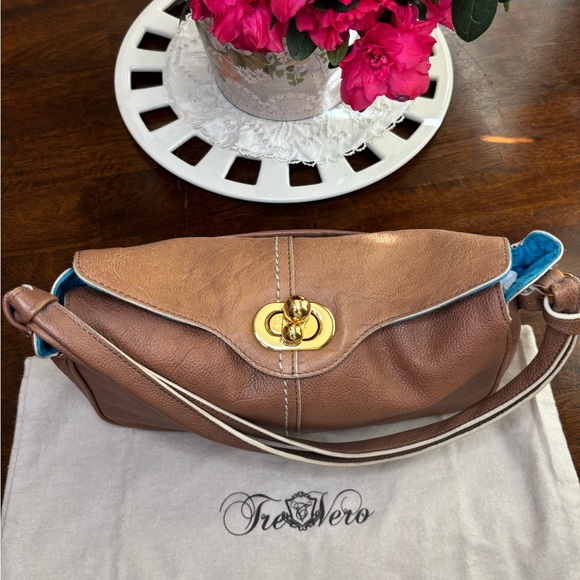 Tre Vero Brown Leather Shoulder Bag Gold Hardware Turquoise Lining 10x7 - Picture 10 of 12